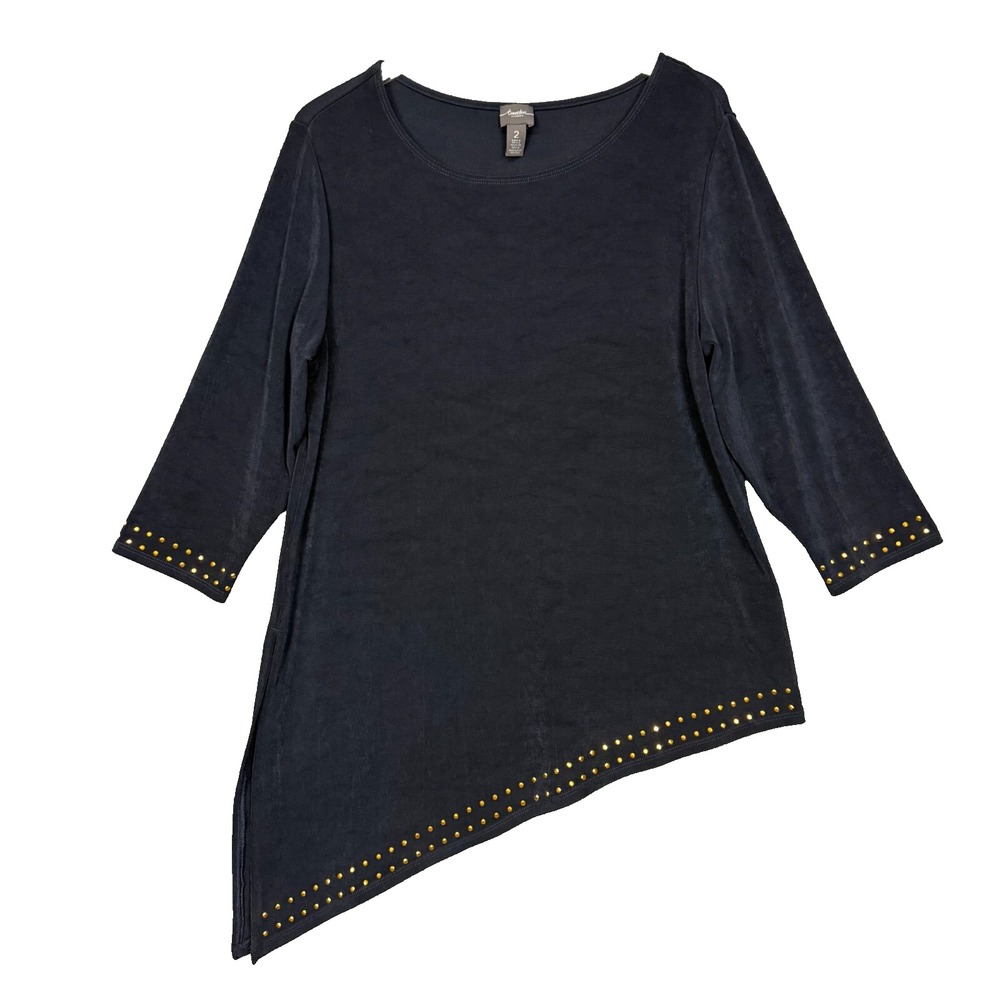 Chicos Travelers Shirt Womens 2 12 Blue Asymmetrical Hem Gold Gems Slinky Knit